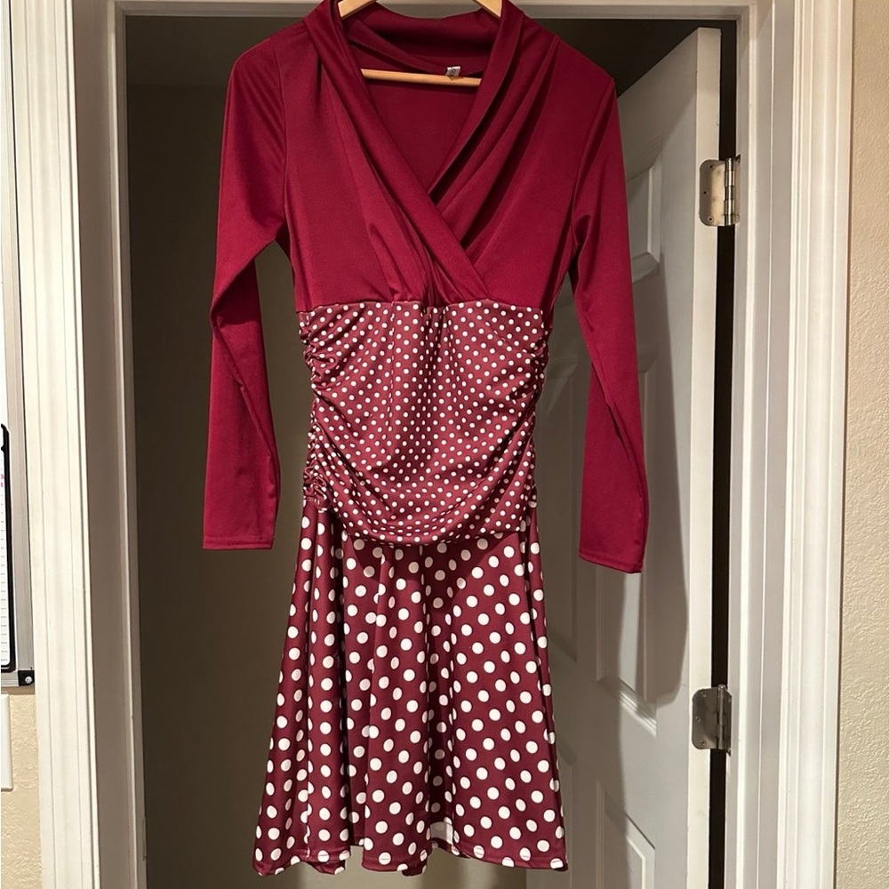 MISSLOOK Burgundy Polka Dot Long Sleeve Dress